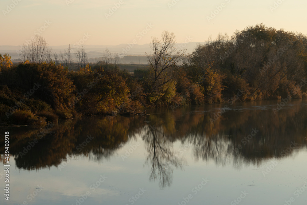 Natural autumn fluvial landscape of the Ebro River, as it passes through the small town of Gallur, in the Ribera Alta del Ebro region, Zaragoza province, Aragon, Spain