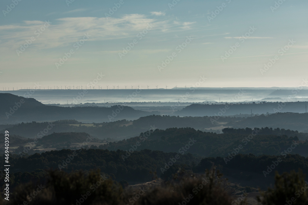 Hills and cereal fields, in a misty landscape of backlit silhouettes in the morning, near of Ardisa village, in the Cinco Villas region, Zaragoza, Aragon, Spain