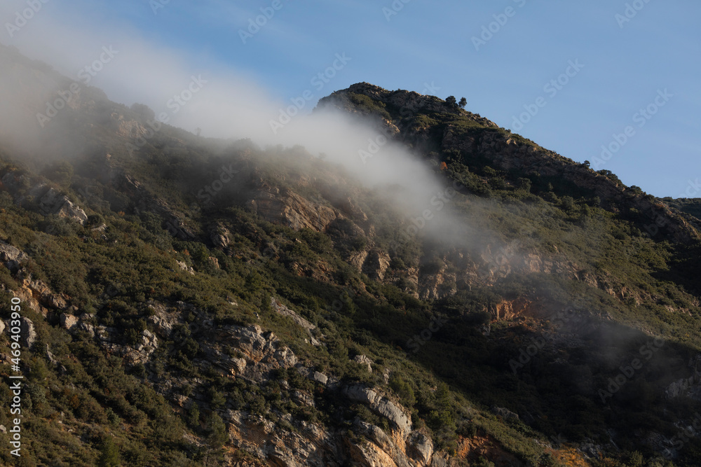 Mists and low morning clouds, between the slopes that surround the Gállego river, in the Hoya de Huesca region, Aragon, Spain