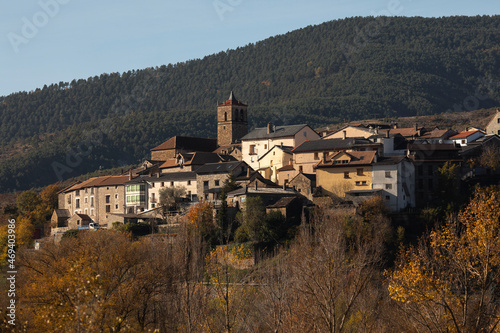 Autumnal skyline of the small town of Embun, with its huddled stone houses, in the Jacetania region, Huesca province, Aragon, Spain photo