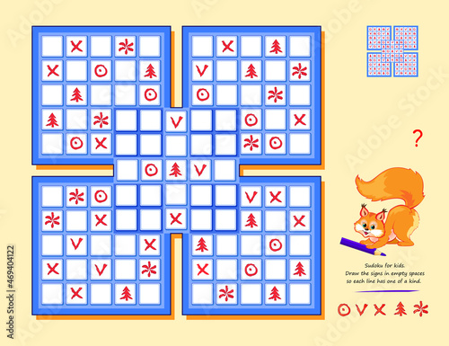 Sudoku for kids with 5 squares. Draw the signs in empty spaces so each line has one of a kind. Page for brain teaser book. Logic puzzle game for children. Play online. Flat vector illustration.
