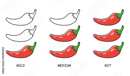 Red chili pepper isolated icon, hot spicy food flavor levels scale chart sign label, cartoon vector illustration.
