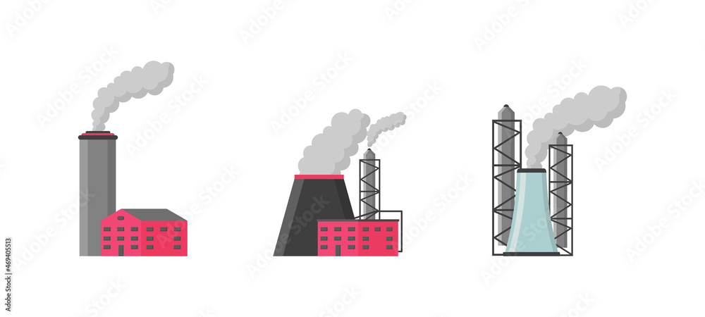Factory or Industrial Building Flat Design style icon set. Set of industrial manufactories, building icons.