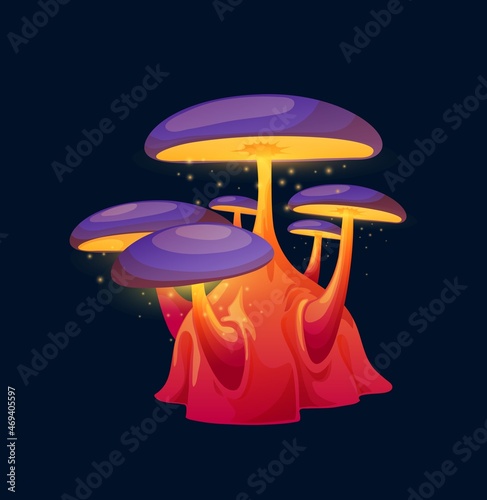 Fantasy magic toxic purple mushroom, vector flickering alien fungus. Cartoon glowing plant of unusual shape, natural element for fairy tale book or game interface isolated sparkling wonderland fungi