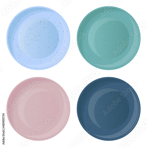 Vector set of multicolored ceramic plates isolated on white background.