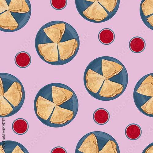Vector seamless pattern. Top view of thin pancakes folded in triangle in blue ceramic plate and bowl with red jam isolated on pink background.