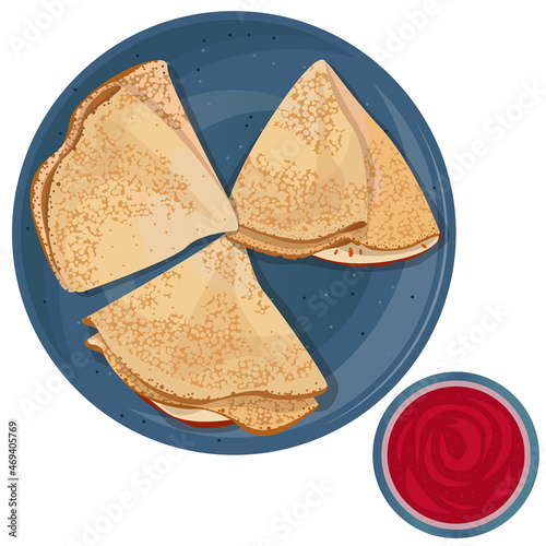 Top view of thin pancakes folded in triangles in blue plate and bowl with berry jam isolated on white background. Vector illustration.