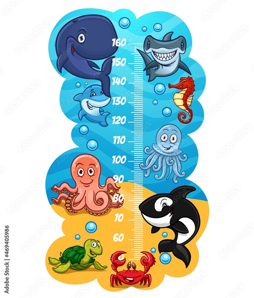 Kids height chart with funny sea animals, growth meter or children  stadiometer. Measure ruler vector scale wall sticker with cartoon cute sea  turtle, octopus, whale and crab, jellyfish and shark Stock Vector |