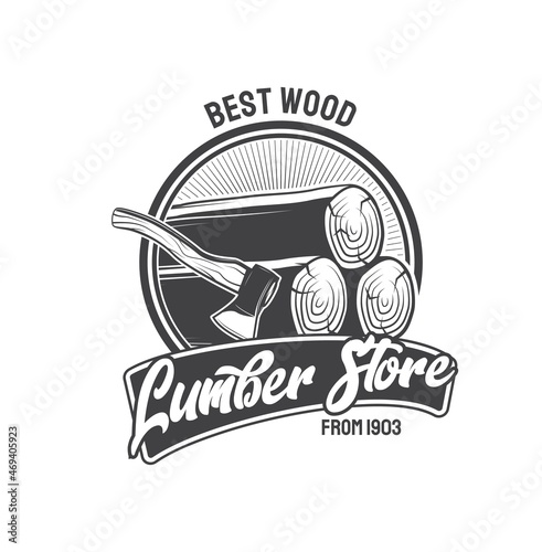 Lumber store vector icon of wood industry, timber production and processing design. Hard wood logs or tree trunks pile with logger or lumberjack axe isolated monochrome symbol, wooden materials