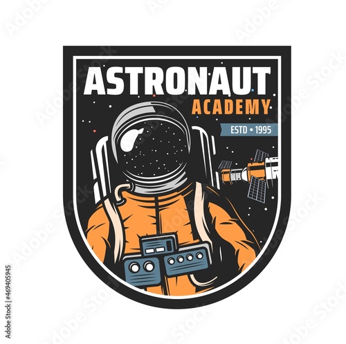 Astronaut academy isolated vector icon with spaceship and spaceman in outer space. Galaxy universe orbital station, stars and asteroids, spacesuit and helmet retro badge of astronomy science design
