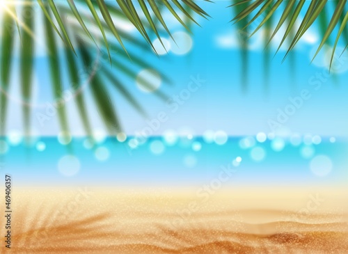 Palm beach landscape with tree silhouettes, sand and ocean waves. Paradise island of summer vacation vector background, blue sky, sun rays and clouds, sparkling water waves and shadows of green leaves