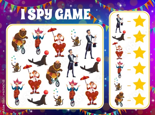 Kids I spy game shapito circus performers, how many big top artists on worksheet. Vector riddle with cartoon magician, clown with umbrella, monkey juggler, seal with ball and bear riding bicycle