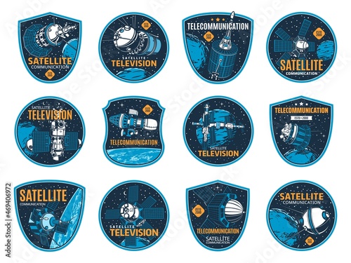 Telecommunication and television satellite icons. Communication, navigational, Internet and TV broadcasting technology vector icons with artificial satellites, orbital station in outer space