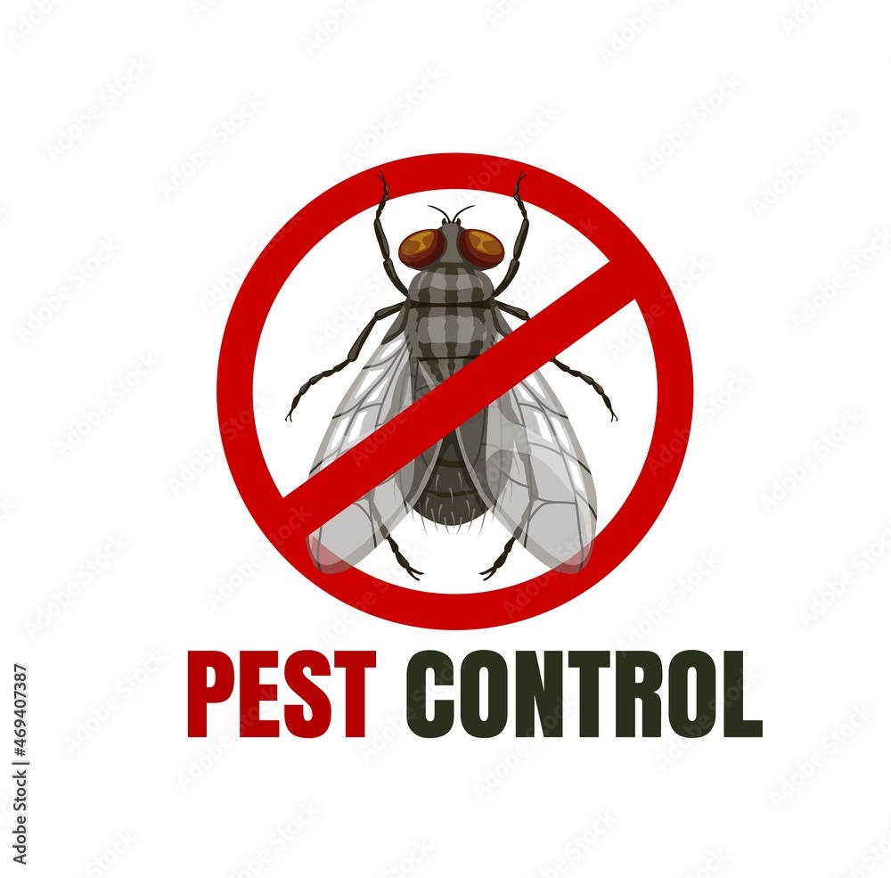 Fly sign, pest control icon. Disinsection service vector emblem with insect prohibition symbol. Parasites extermination label. Pest control disinfection or insecticide cartoon sign with crossed fly
