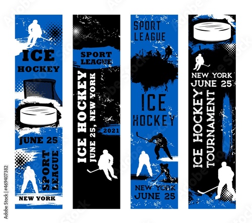 Ice hockey sport grunge banners with players of hockey team, vector pucks, sticks and gate. Ice hockey tournament match flyers with players and play equipment silhouettes, splatters, halftone pattern