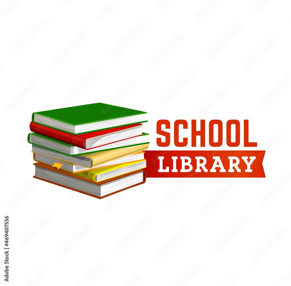 School library vector icon with pile of books, education, study and knowledge design. Isolated stack of books, textbooks, dictionary and encyclopedia with colorful covers and bookmark symbol School library vector icon with pile of books, education, study and knowledge design. Isolated stack of books, textbooks, dictionary and encyclopedia with colorful covers and bookmark symbol