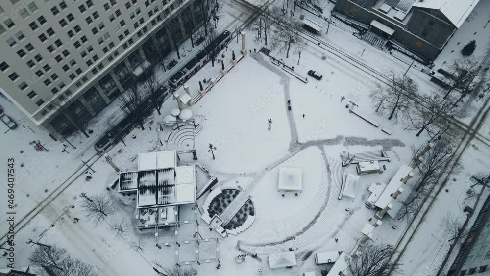 Snow covered Pioneer Square and courthouse in downtown Portland in the winter. Snow covered Pioneer Square and courthouse in downtown Portland in the winter.