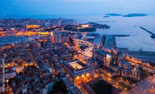 Bird s eye view of Marseille at dusk. Marseille Cathedral visible from above.