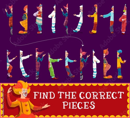 Half pieces kids game with circus clowns. Education puzzle, matching maze, riddle or attention test, connect pictures of cartoon clowns, shapito jester or joker with funny wigs and red noses