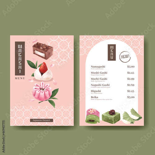 Menu template with wagashi Japanese dessert concept,watercolor style