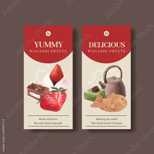 Flyer template with wagashi Japanese dessert concept,watercolor style