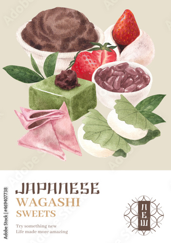 Poster template with wagashi Japanese dessert concept,watercolor style