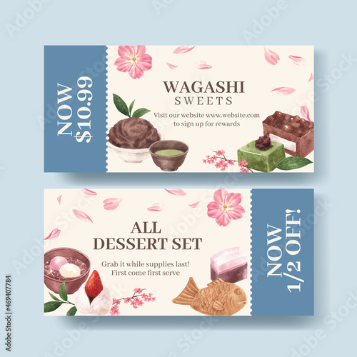 Voucher template with wagashi Japanese dessert concept,watercolor style