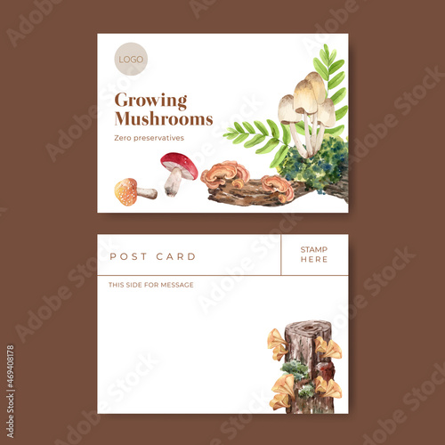Postcard template with mushroom and forest plants concept,watercolor style