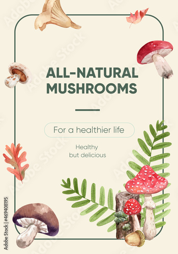 Poster template with mushroom and forest plants concept,watercolor style