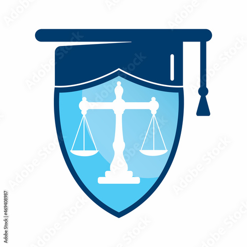 Law scale with graduation cap icon logo design. Law education vector logo concept.