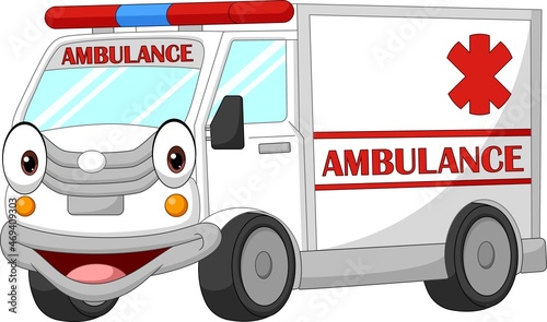 Cartoon happy ambulance car on white background