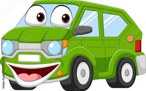 Cartoon happy green car on white background