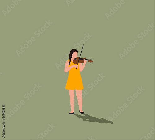Woman violinist in yellow dress playing violin on street. Music instrument player illustration. Street musician.
