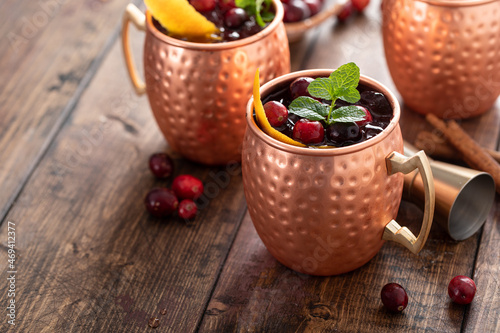 Photography Cranberry orange moscow mule cocktail in copper mugs