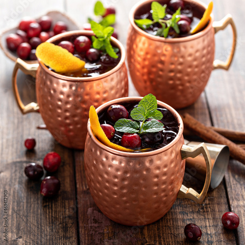 Photography Cranberry orange moscow mule cocktail in copper mugs