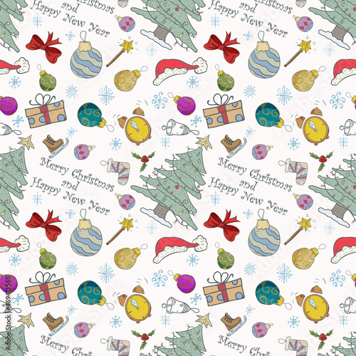 Seamless pattern illustration for Christmas and New Year design Decorated fir tree among gifts and toys