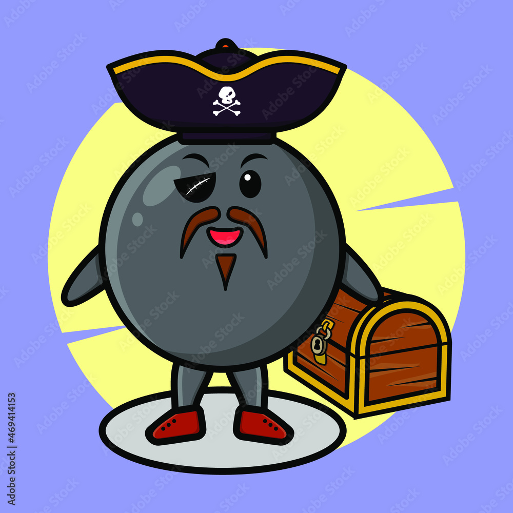 Bomb pirate character with hat and beside treasure box cute style design t-shirt, sticker logo element Bomb pirate character with hat and beside treasure box cute style design t-shirt, sticker logo element
