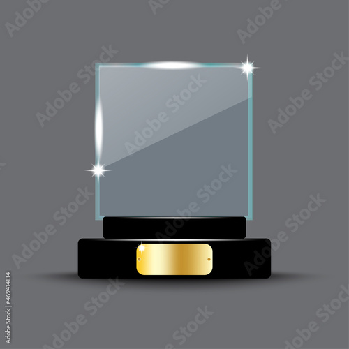 Square glass trophy. Winner concept. Grey background. Freehand art. Achievement time. Vector illustration. Stock image. 