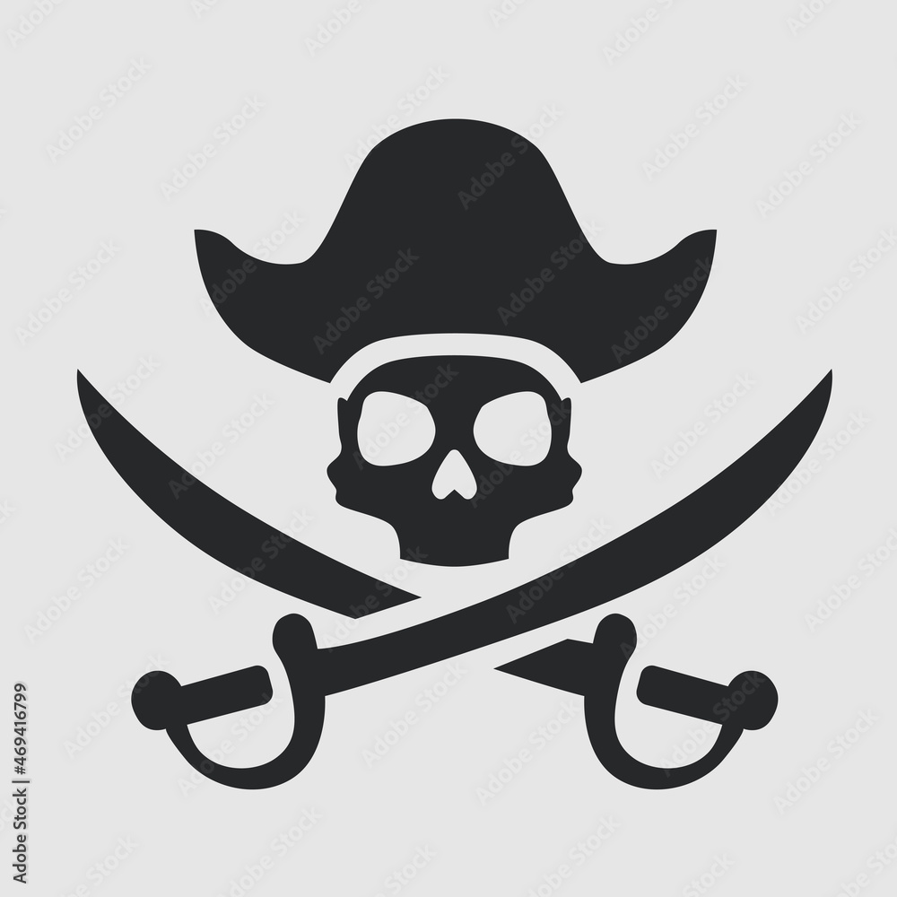Skull over crossed sabers. Jolly Roger, flag, pirate symbol. Black mark,  corsairs. Caribbean Sea. Concept danger, freedom and contempt for death.  Flat design. Cartoon style. Vector illustration. Stock Vector | Adobe Stock