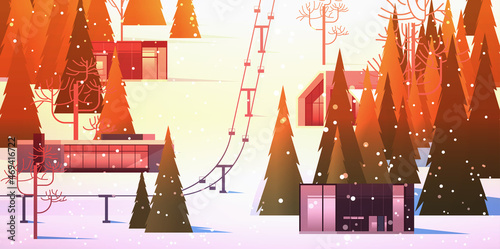 cableway in snowy mountains residential houses area ski resort christmas new year holidays celebration winter vacation