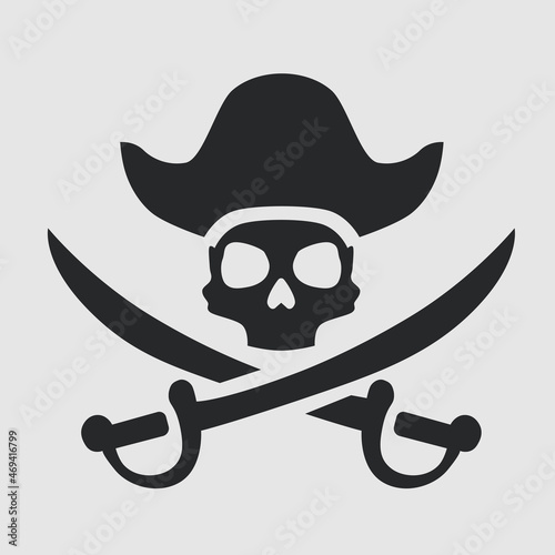 Skull over crossed sabers. Jolly Roger, flag, pirate symbol. Black mark, corsairs. Caribbean Sea. Concept danger, freedom and contempt for death. Flat design. Cartoon style. Vector illustration.