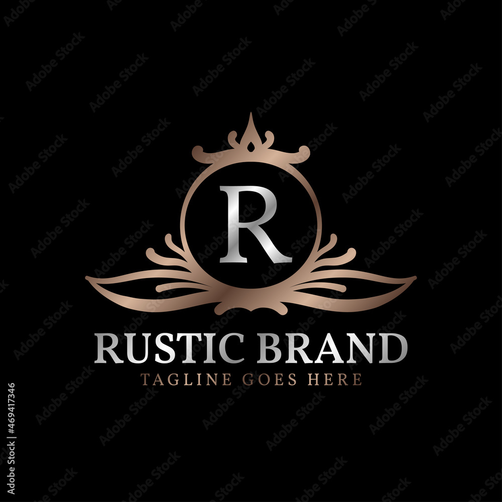 letter R luxurious rustic crest logo badge for beauty care, wedding organizer, hotel and cottage letter R luxurious rustic crest logo badge for beauty care, wedding organizer, hotel and cottage