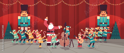 elves in uniform with musical instruments santa helpers playing guitar and trumpet happy new year christmas holidays celebration