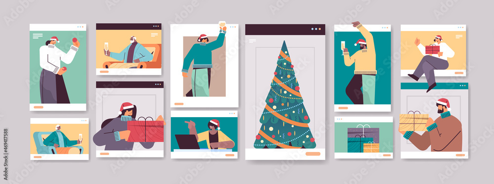 set mix race people in web browser windows celebrating new year christmas holidays during video call isolation Stock Vector | Adobe Stock