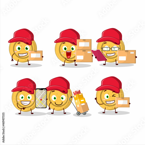 Cartoon character design of dalgona candy circle working as a courier