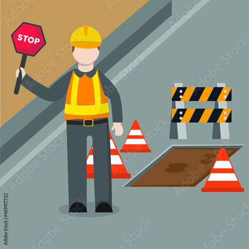 Under Construction Concept. Worker hold stop sign. Vector colorful illustration