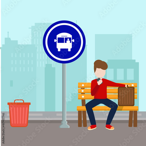 Young boy sitting at the bus stop. Student boy with suitcase waiting for a bus at the bus stop Happy red boy sitting on a bus stop bench. Vector cartoon illustration. Square layout.