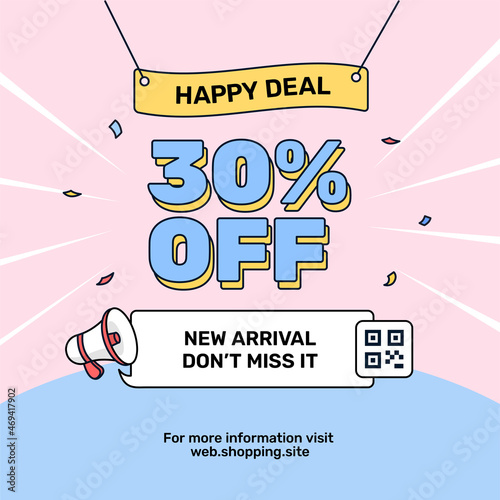 Happy deal new arrival sale online shop social media promotion poster design. Outline typography style with banner and megaphone icon vector illustration