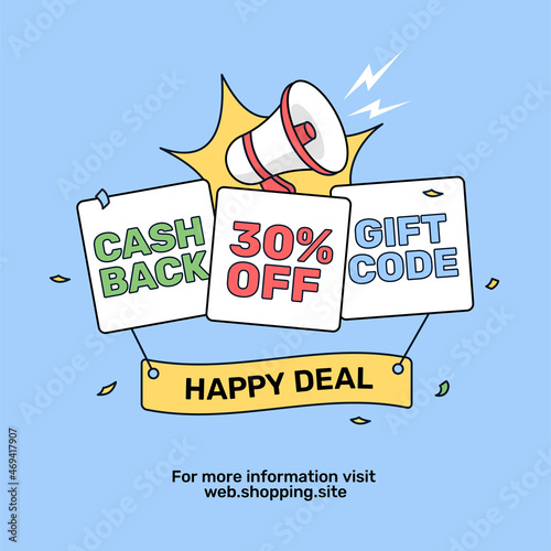 Discount prizes, cashback, gift code online shop event promotion poster for social media. modern retro unique style vector illustration