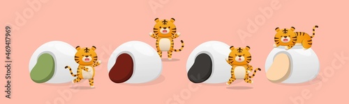 Lantern Festival cute happy tiger character with glutinous rice balls, glutinous rice sweets, flavors and fillings, cartoon comic vector